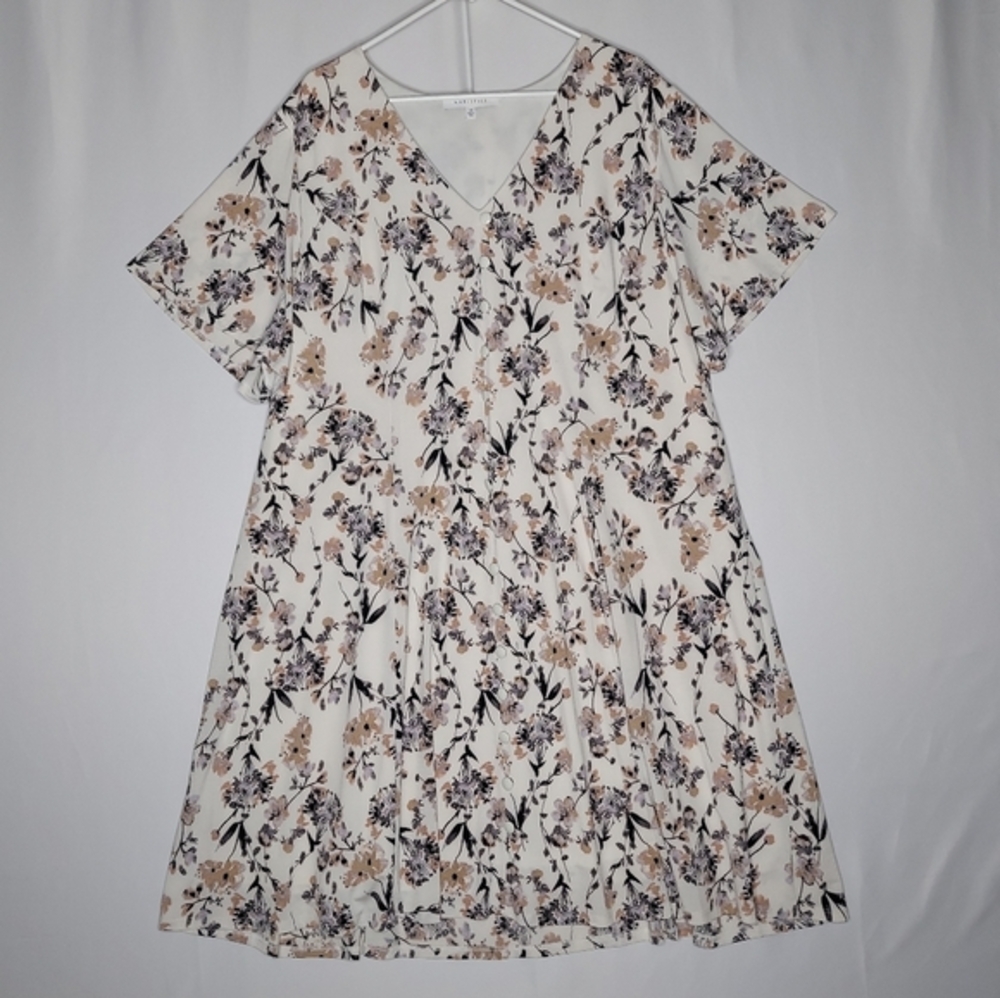 Marybelle Button Babydoll Dress 4X Floral Knit A-Line Short Flutter Sleeve Vneck
